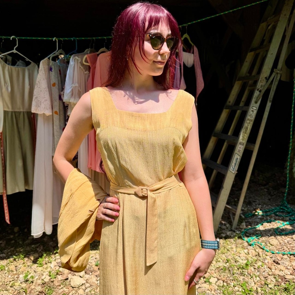 40s yellow ochre novelty texture cold rayon day dress, jacket & belt set